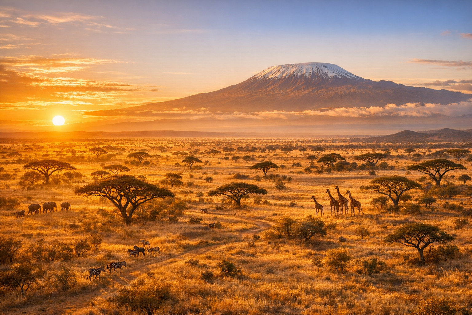 Savane tanzanienne au coucher du soleil avec le Kilimandjaro en arrière-plan